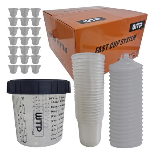 WTP TOOLS Disposable Paint Cup System KIT Combo, 50 Lids + 50 Liners + 1 Hard Cup + 20 Caps - 1 Box 400/650/850ml 14/22/29 Oz (125mic Filter) - Sprayer Mixing Cup for Automotive Paint Gun