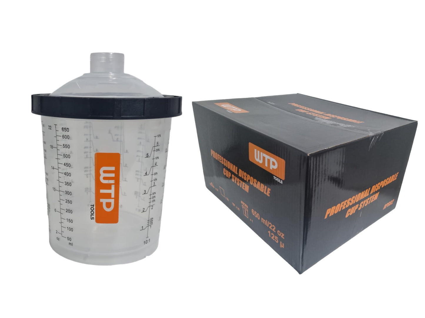 WTP TOOLS Disposable Paint Cups KIT 2.0 System 125mic 50 Liners + 50 Lids + 1 Hard Cup + 20 Caps - 650ml/22Oz DPS2