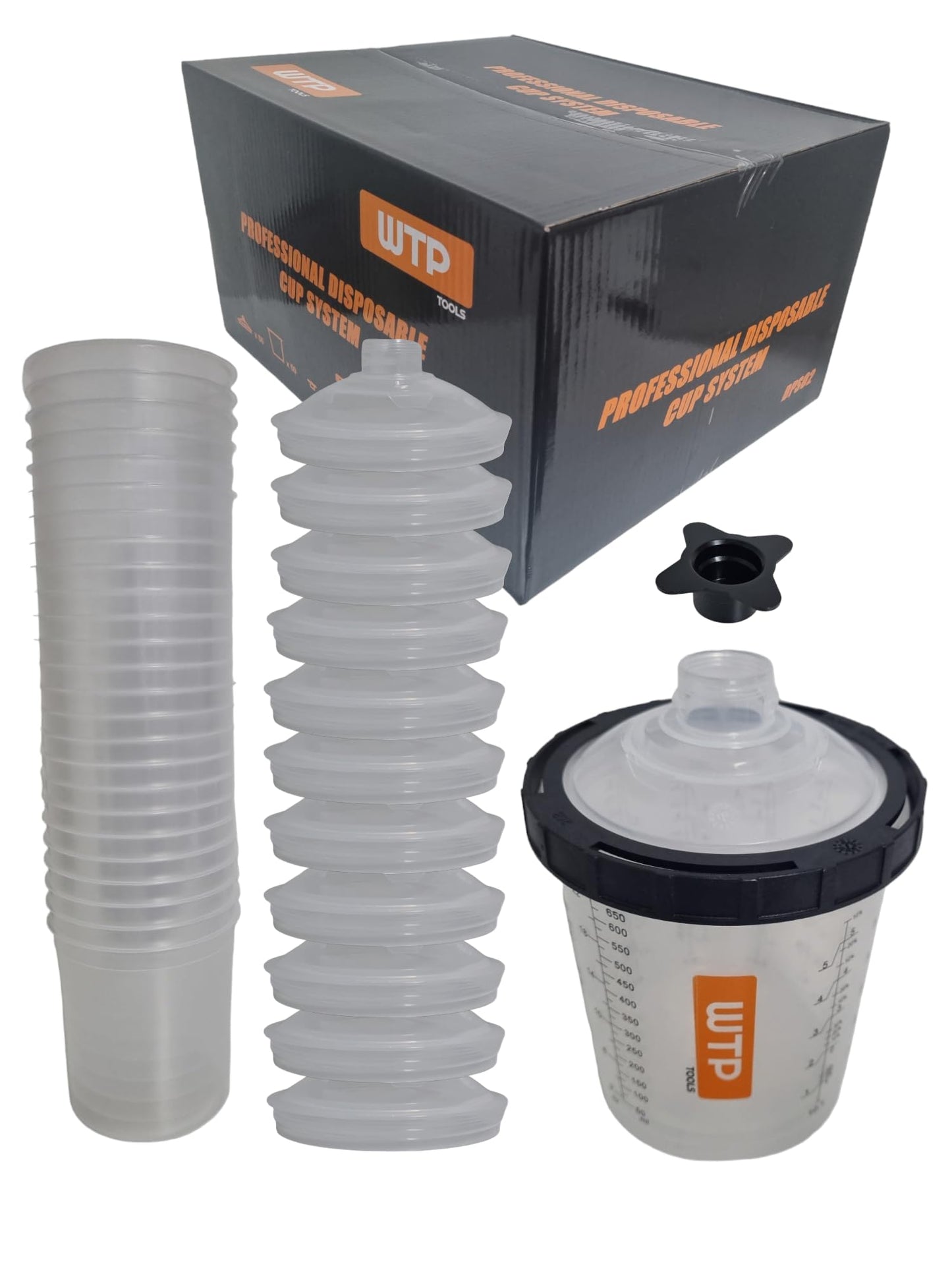 WTP TOOLS Disposable Paint Cups KIT 2.0 System 125mic 50 Liners + 50 Lids + 1 Hard Cup + 20 Caps - 650ml/22Oz DPS2